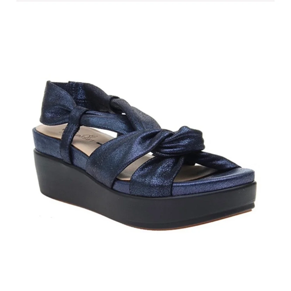 Naked Feet Navy Blue Metallic Knot Platform Wedge Slingback Sandals